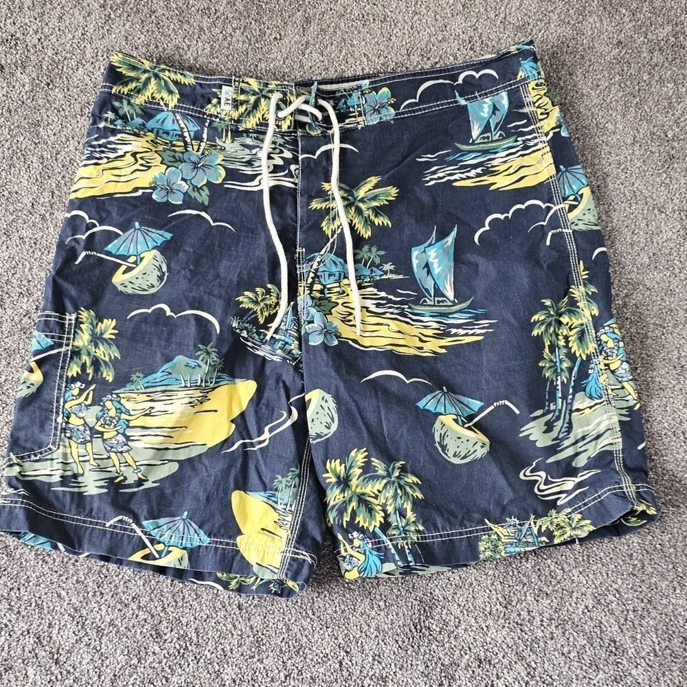 American Eagle Board‎ Shorts Mens 36 (fits 38) Navy Blue Tropical Hawaiian Surf